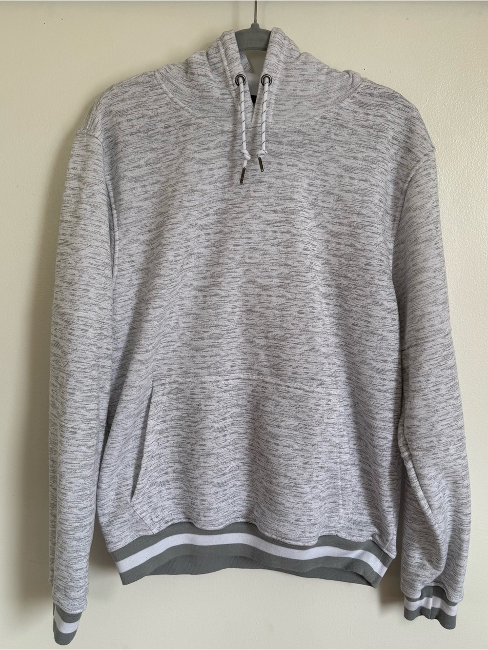 Men's Light Gray Marled Pullover Hoodie with Striped Hem